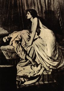 Ilustración en blanco y negro que muestra una vampiresa y un hombre tendido en el lecho