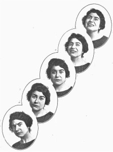 Secuencia fotográfica de Margarita Xirgu Subirá, 1911, La Esfera, 1914. Se muestran 5 fotografías en blanco y negro con diferentes gestos de la actriz